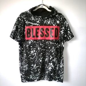 One Point One Blessed Womens Black Short Sleeve Printed Hooded T-Shirt Size M